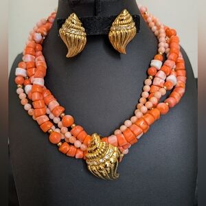 #32. KJL Avon 80s Gold & Coral Multi-Strand Beaded Necklace with  Earrings
